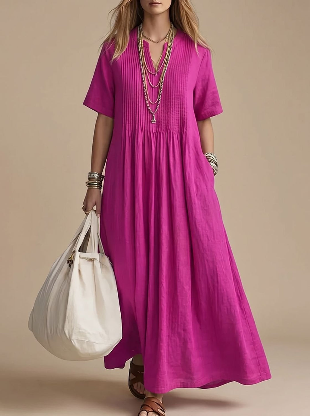 Dames Maxi Jurk met V-hals Korte Mouw Geplooide Vloeiende Zomerjurk - Roze