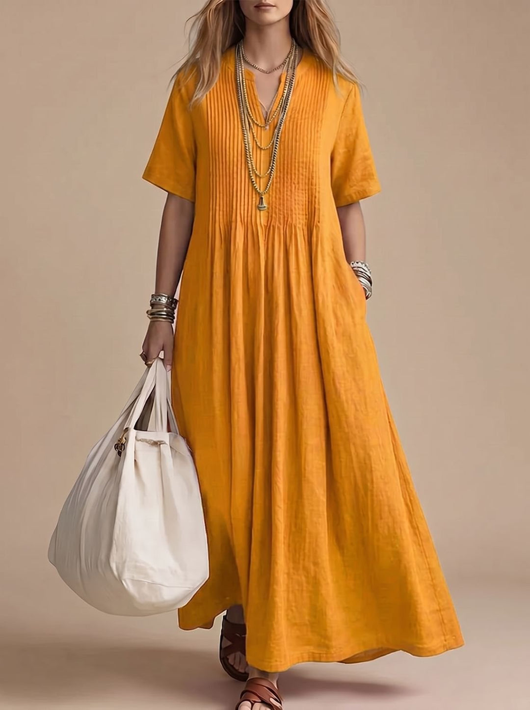 Dames Maxi Jurk met V-hals Korte Mouw Geplooide Vloeiende Zomerjurk - Geel