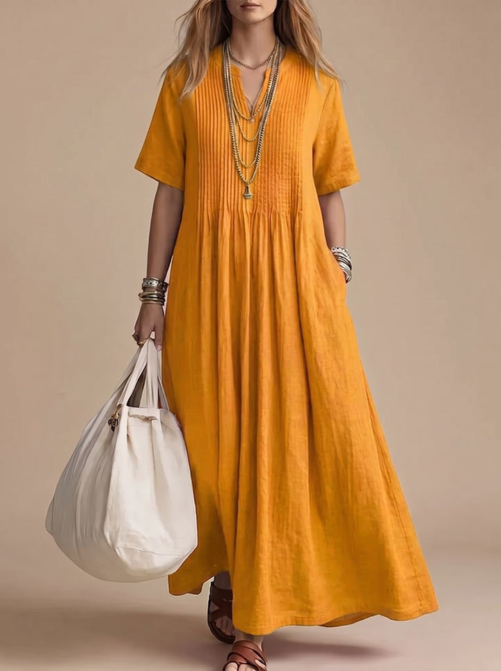 Dames Maxi Jurk met V-hals Korte Mouw Geplooide Vloeiende Zomerjurk - Geel