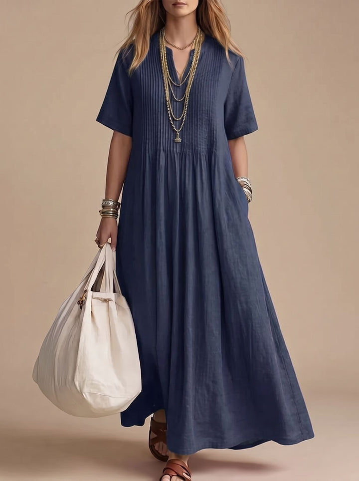 Dames Maxi Jurk met V-hals Korte Mouw Geplooide Vloeiende Zomerjurk - Marineblauw