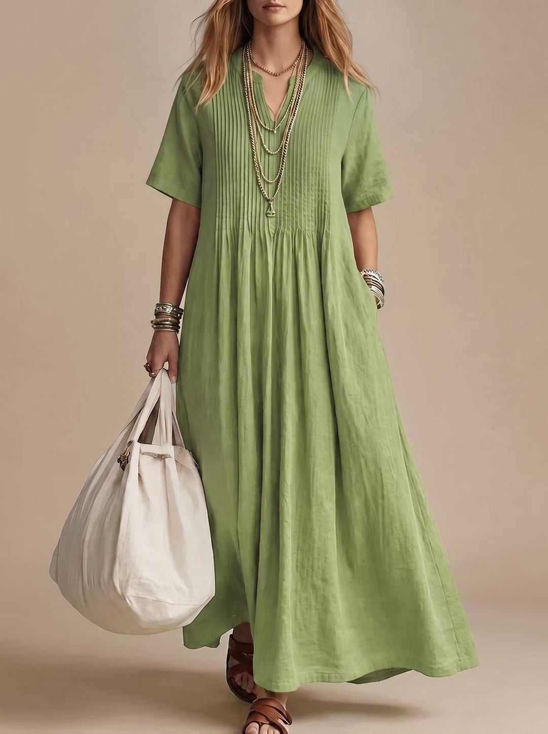 Dames Maxi Jurk met V-hals Korte Mouw Geplooide Vloeiende Zomerjurk - Groen