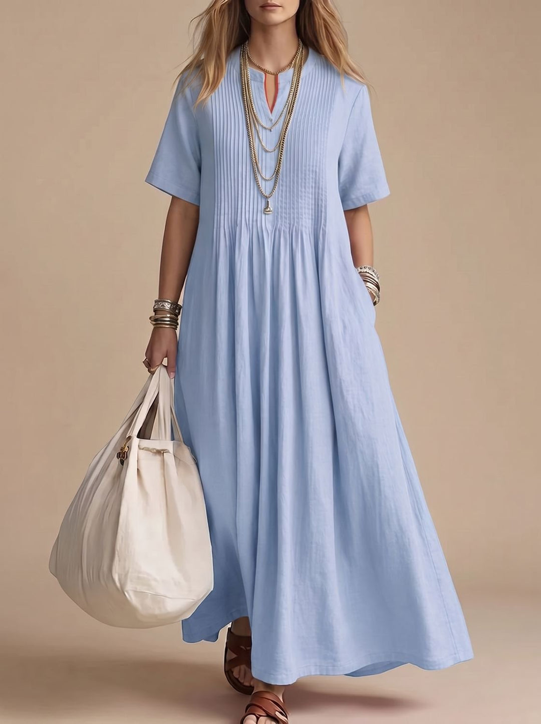 Dames Maxi Jurk met V-hals Korte Mouw Geplooide Vloeiende Zomerjurk - Blauw