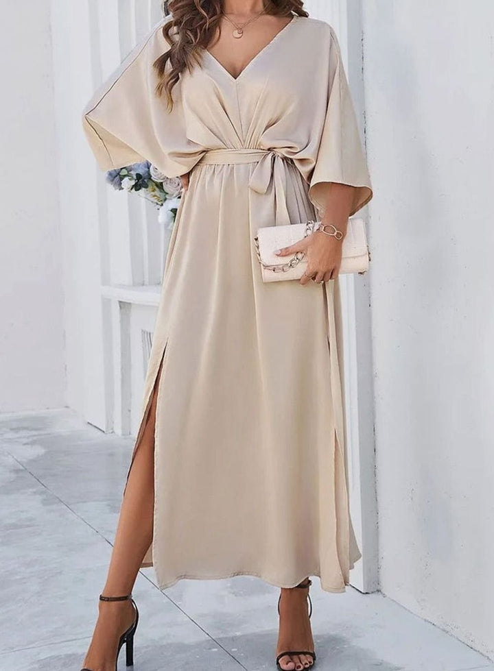 Dames Maxi Jurk V-hals Vloeiende Lange Jurk met Strikceintuur en Zijsplit - Beige