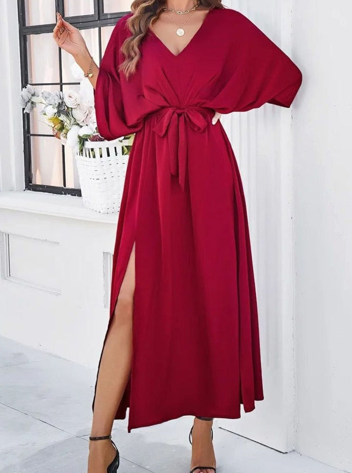 Dames Maxi Jurk V-hals Vloeiende Lange Jurk met Strikceintuur en Zijsplit - Rood