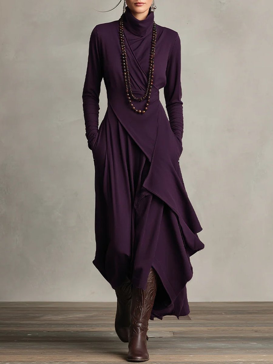 Dames Maxi Long Sleeve Dress Coltrui Asymmetrische Rok - Paars