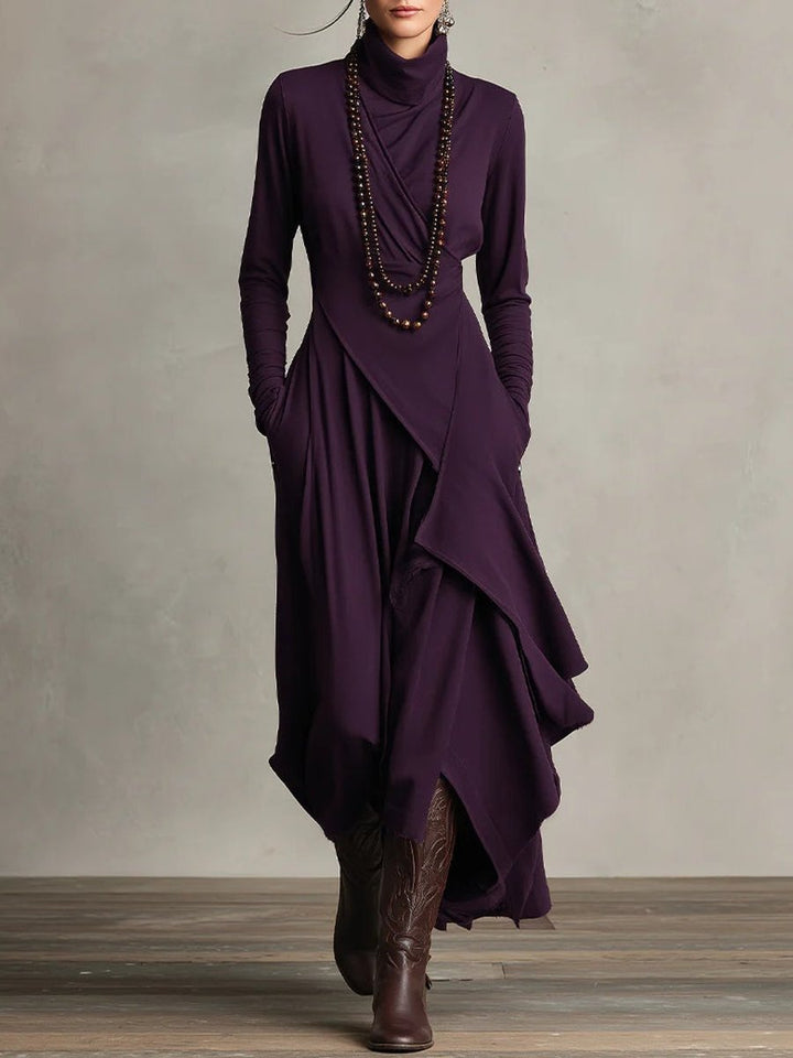 Dames Maxi Long Sleeve Dress Coltrui Asymmetrische Rok - Paars