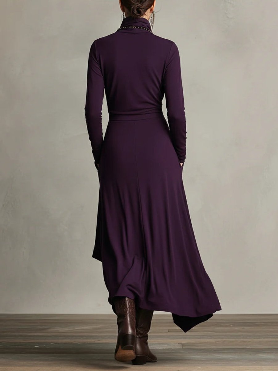 Dames Maxi Long Sleeve Dress Coltrui Asymmetrische Rok