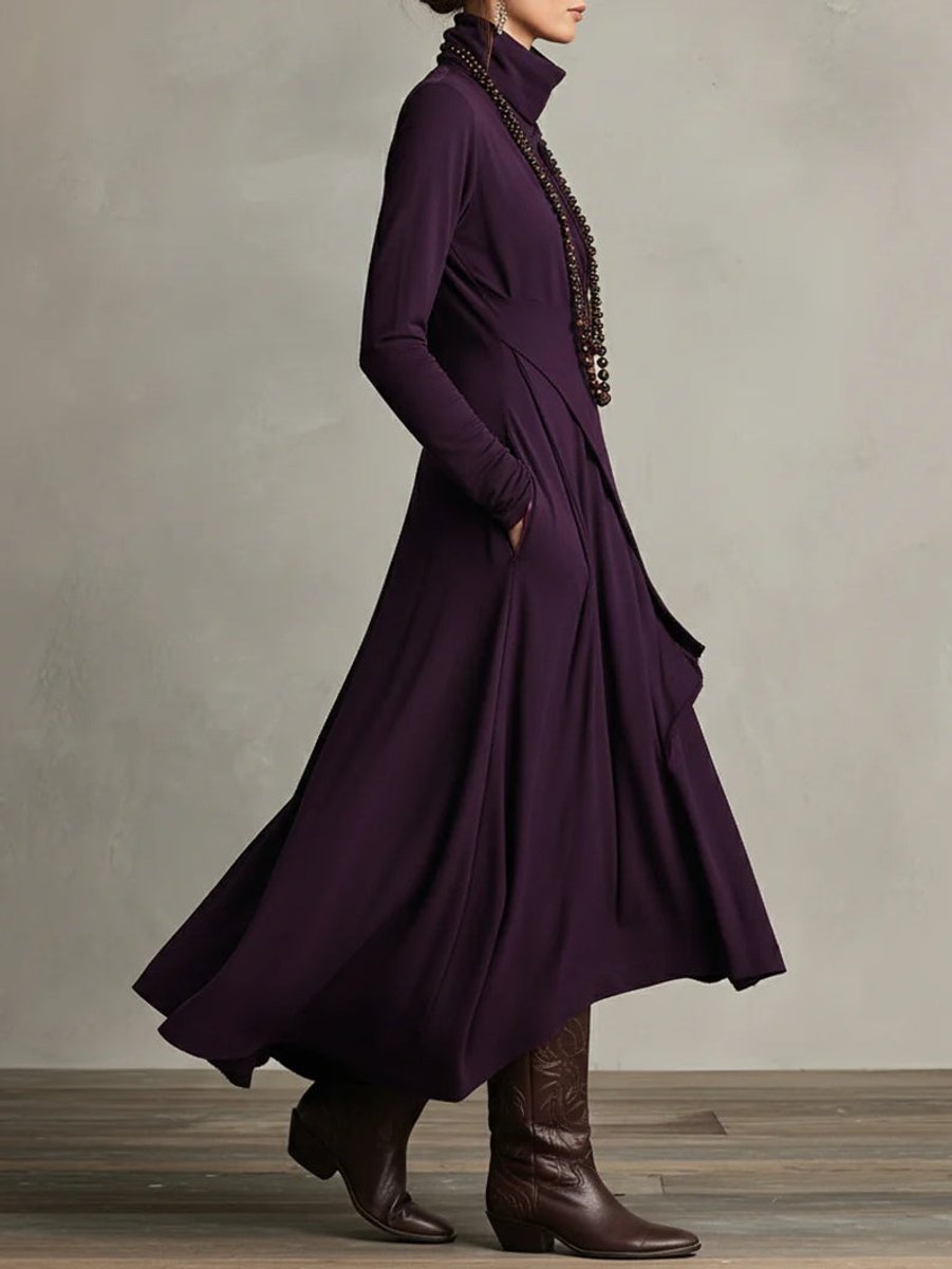 Dames Maxi Long Sleeve Dress Coltrui Asymmetrische Rok
