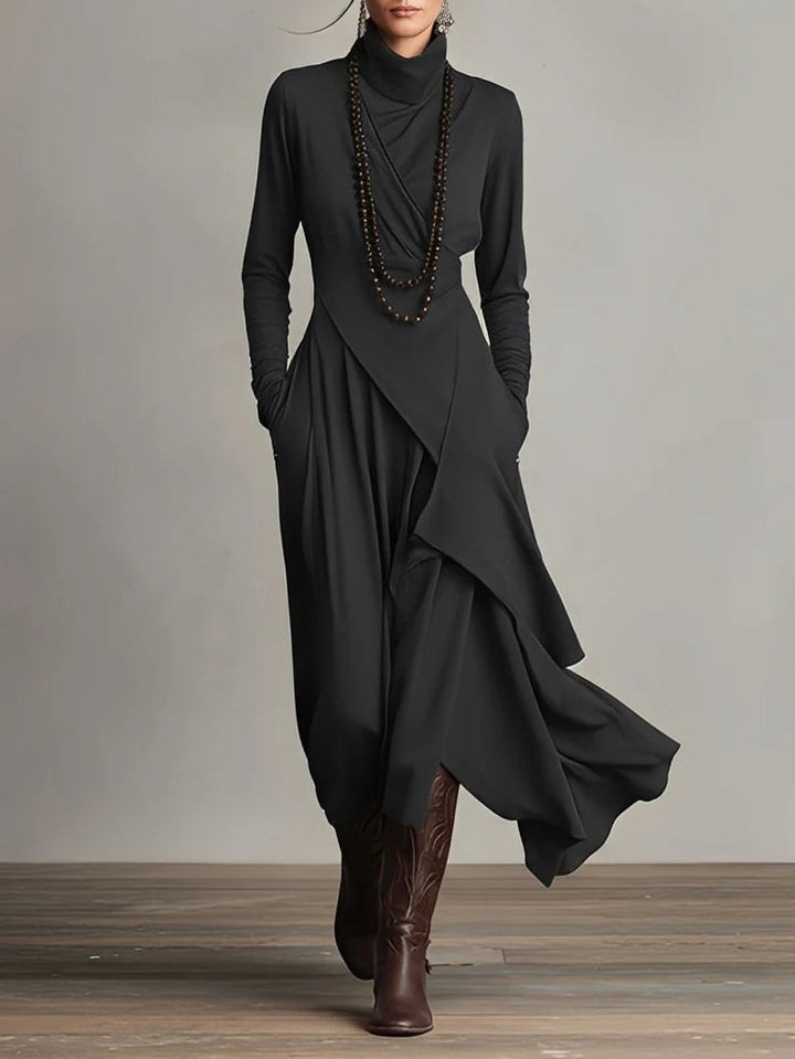 Dames Maxi Long Sleeve Dress Coltrui Asymmetrische Rok - Zwart