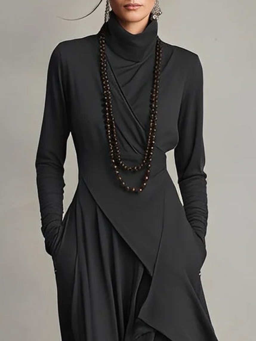Dames Maxi Long Sleeve Dress Coltrui Asymmetrische Rok