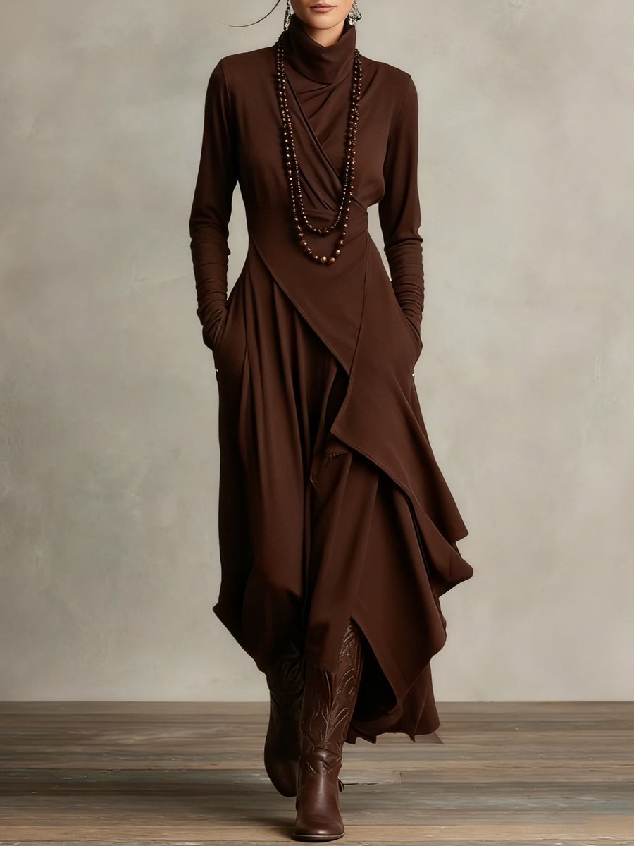 Dames Maxi Long Sleeve Dress Coltrui Asymmetrische Rok - Bruin