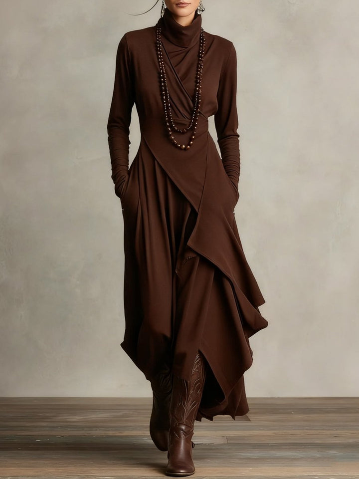 Dames Maxi Long Sleeve Dress Coltrui Asymmetrische Rok - Bruin