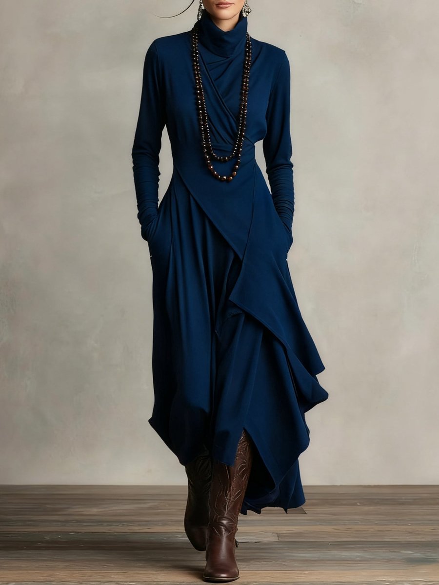 Dames Maxi Long Sleeve Dress Coltrui Asymmetrische Rok - Marineblauw