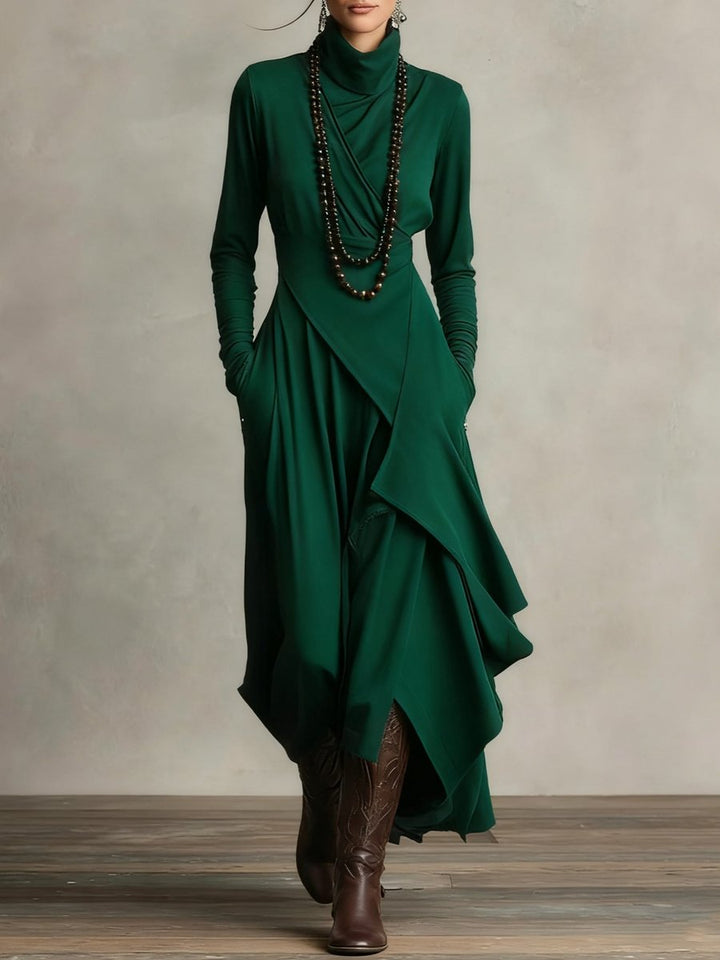 Dames Maxi Long Sleeve Dress Coltrui Asymmetrische Rok - Groen