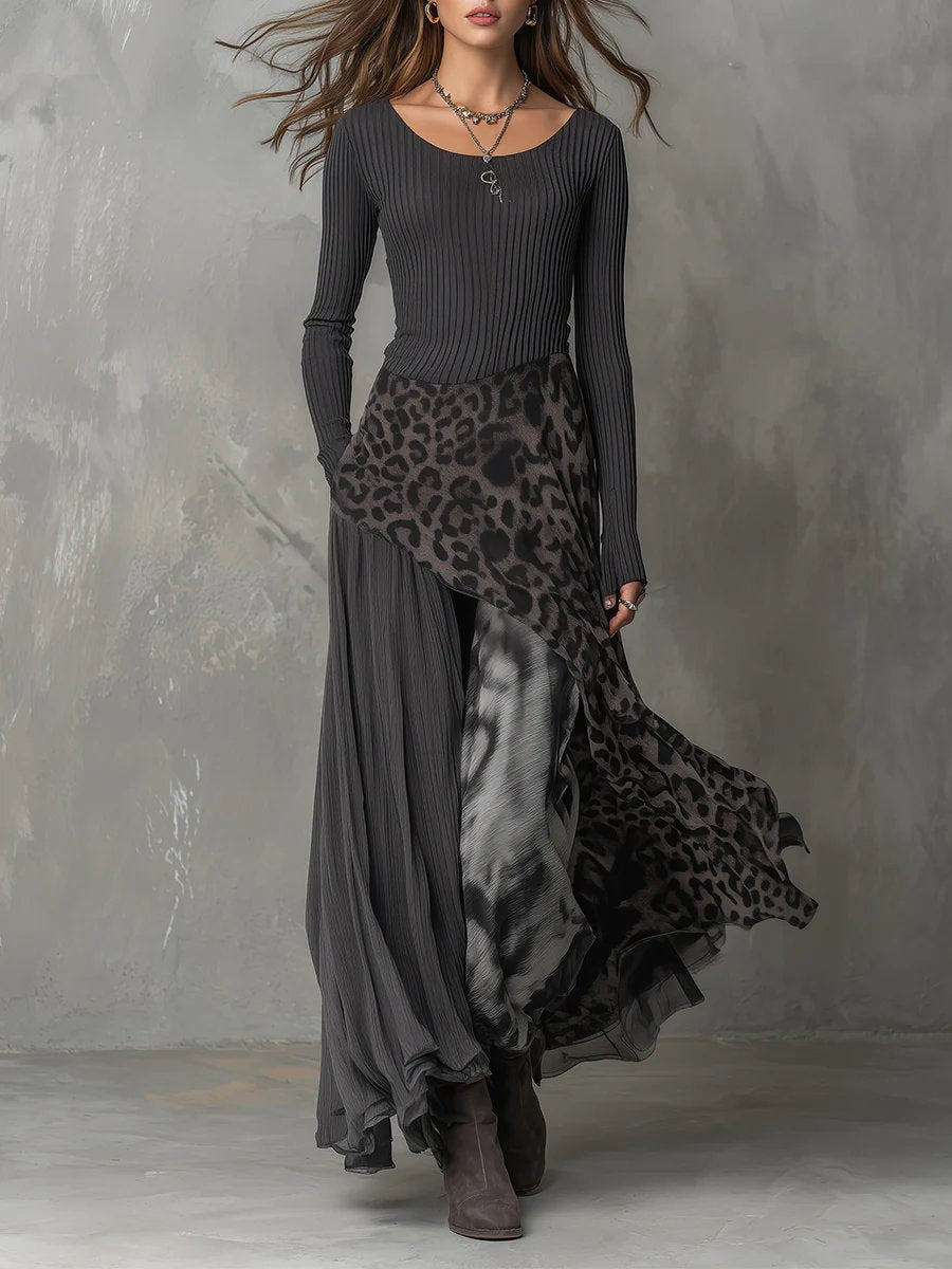 Dames Maxi Long Sleeve Dress Geribbeld Luipaardprint Onregelmatige Zoom - Grijs
