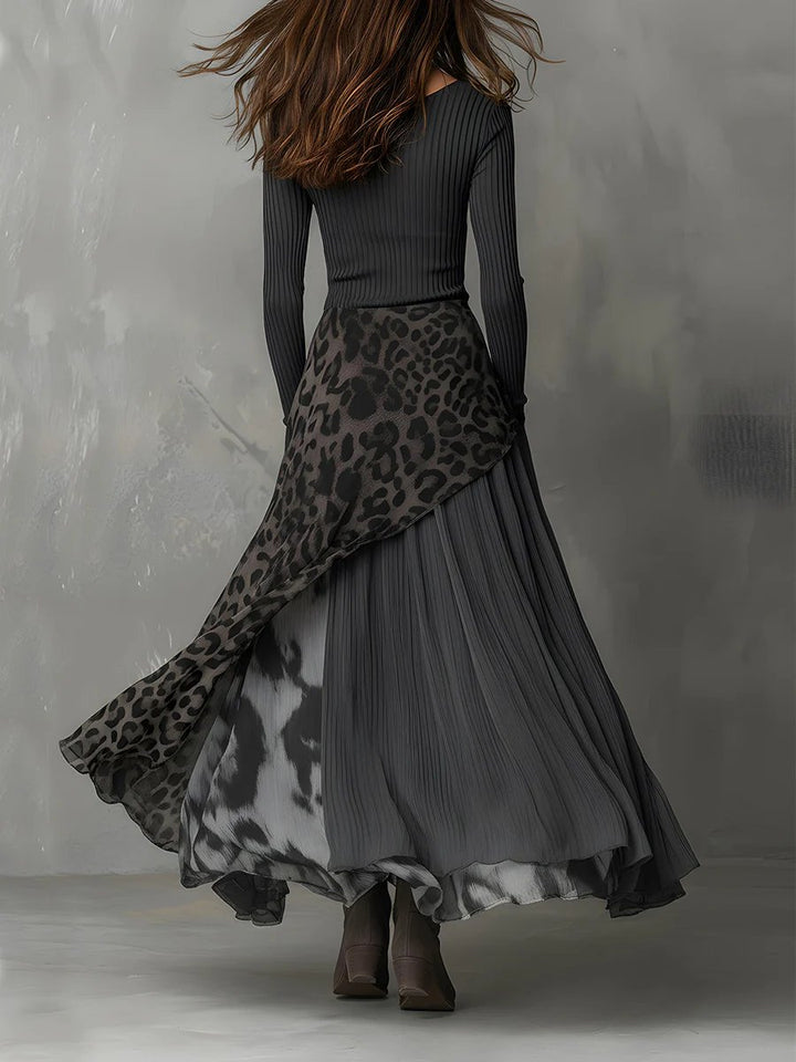 Dames Maxi Long Sleeve Dress Geribbeld Luipaardprint Onregelmatige Zoom