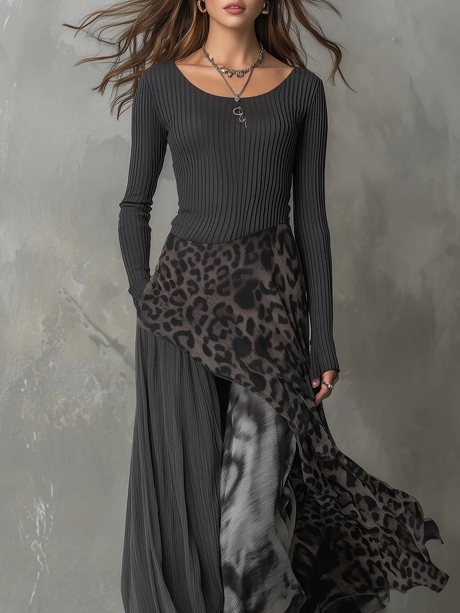 Dames Maxi Long Sleeve Dress Geribbeld Luipaardprint Onregelmatige Zoom