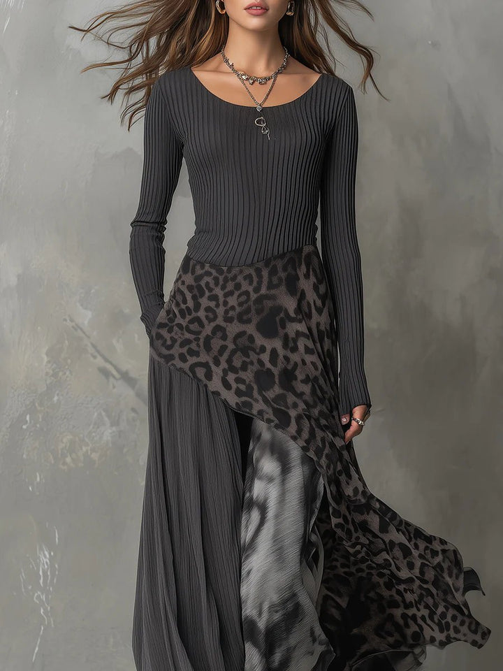 Dames Maxi Long Sleeve Dress Geribbeld Luipaardprint Onregelmatige Zoom