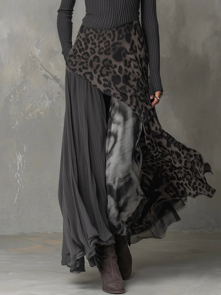 Dames Maxi Long Sleeve Dress Geribbeld Luipaardprint Onregelmatige Zoom