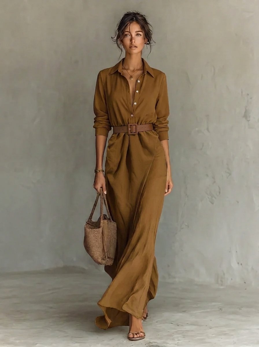 Dames Maxi Long Sleeve Dress Hemdstijl Gesmeerde Taille - Khaki