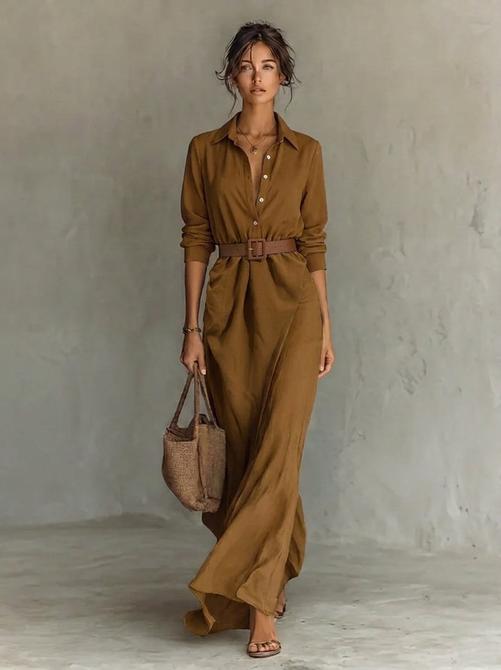 Dames Maxi Long Sleeve Dress Hemdstijl Gesmeerde Taille - Khaki