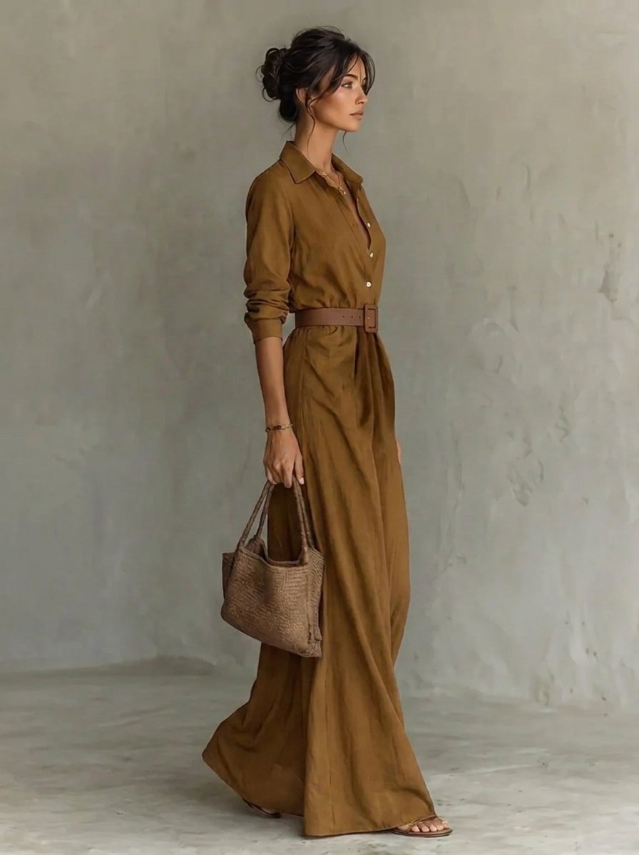Dames Maxi Long Sleeve Dress Hemdstijl Gesmeerde Taille