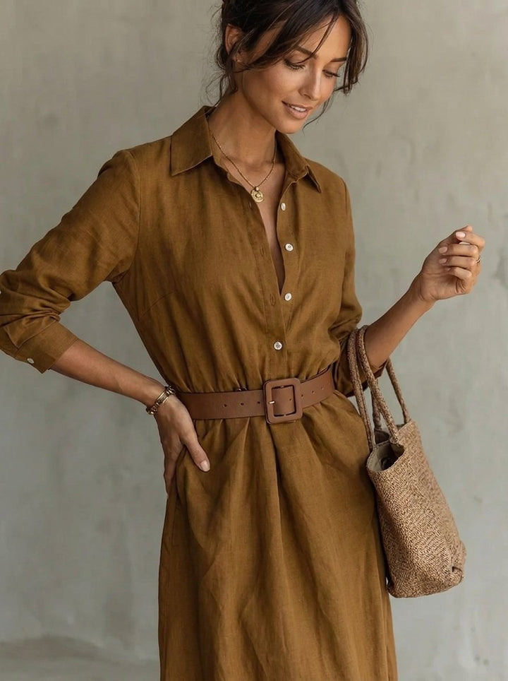 Dames Maxi Long Sleeve Dress Hemdstijl Gesmeerde Taille