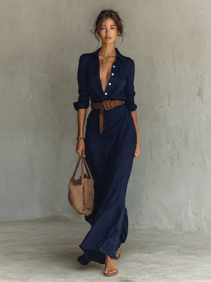 Dames Maxi Long Sleeve Dress Hemdstijl Gesmeerde Taille - Marineblauw