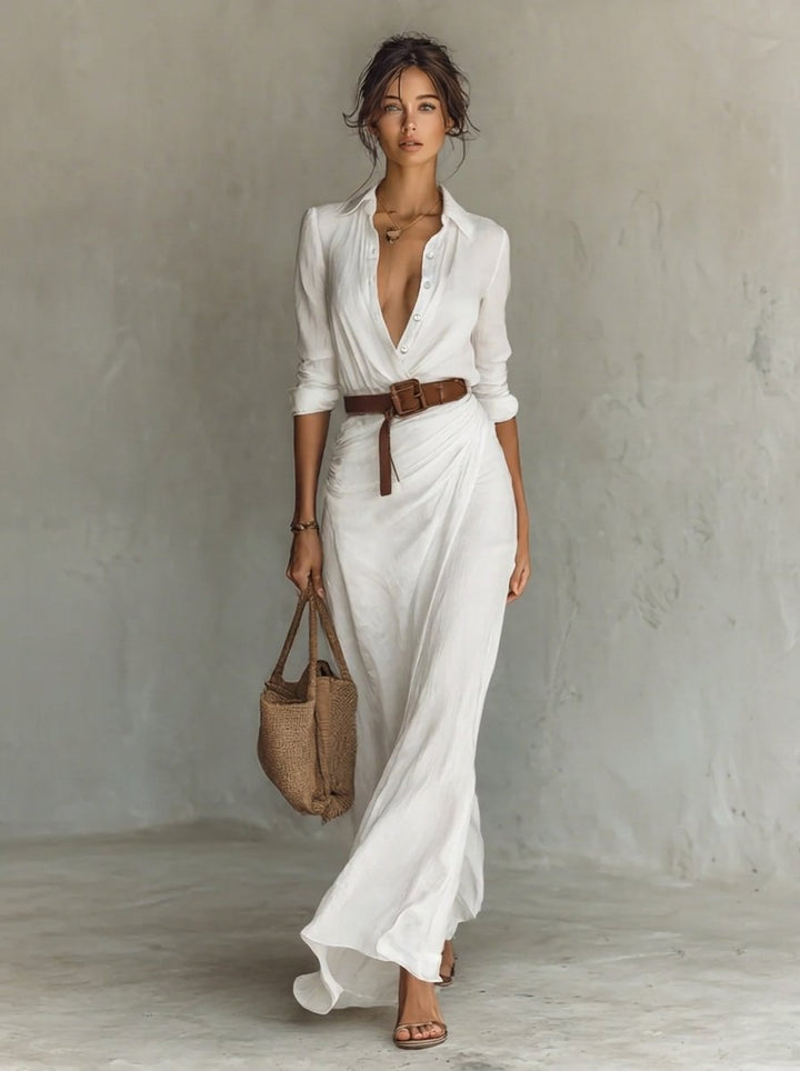 Dames Maxi Long Sleeve Dress Hemdstijl Gesmeerde Taille - Wit