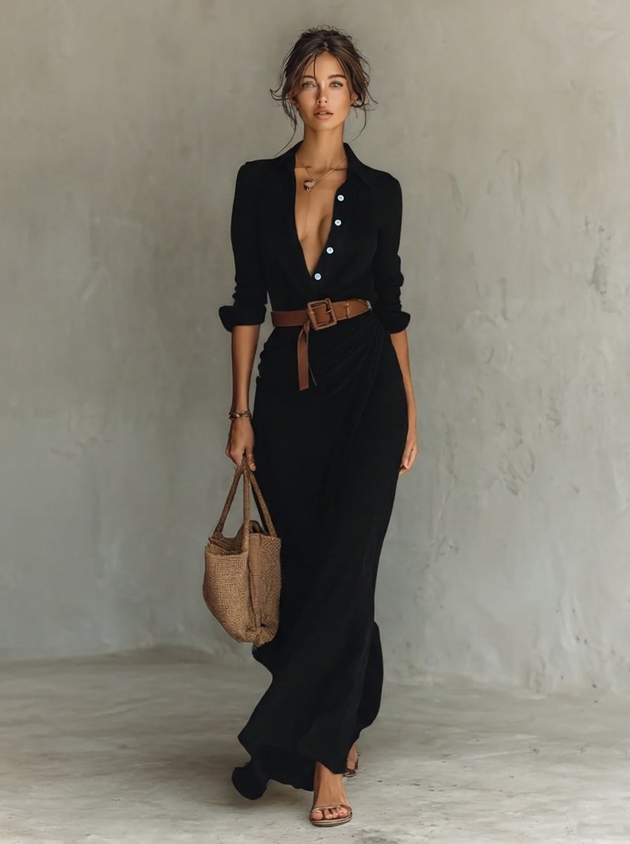 Dames Maxi Long Sleeve Dress Hemdstijl Gesmeerde Taille - Zwart