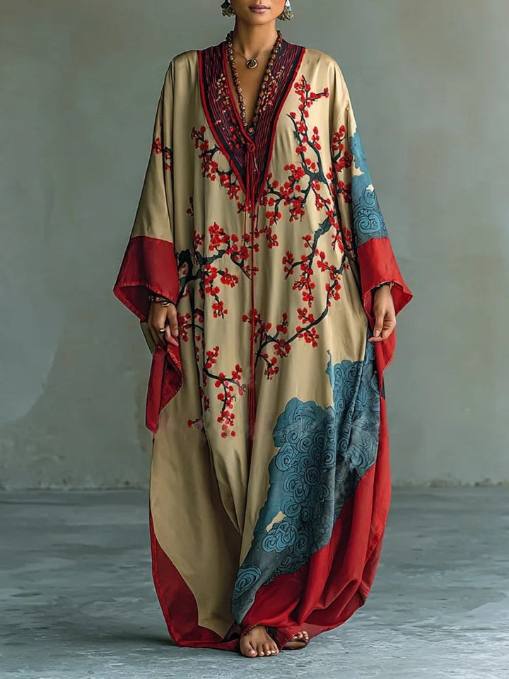 Dames Maxi Long Sleeve Dress Japanse Pruimenbloesem Kimono - Rood