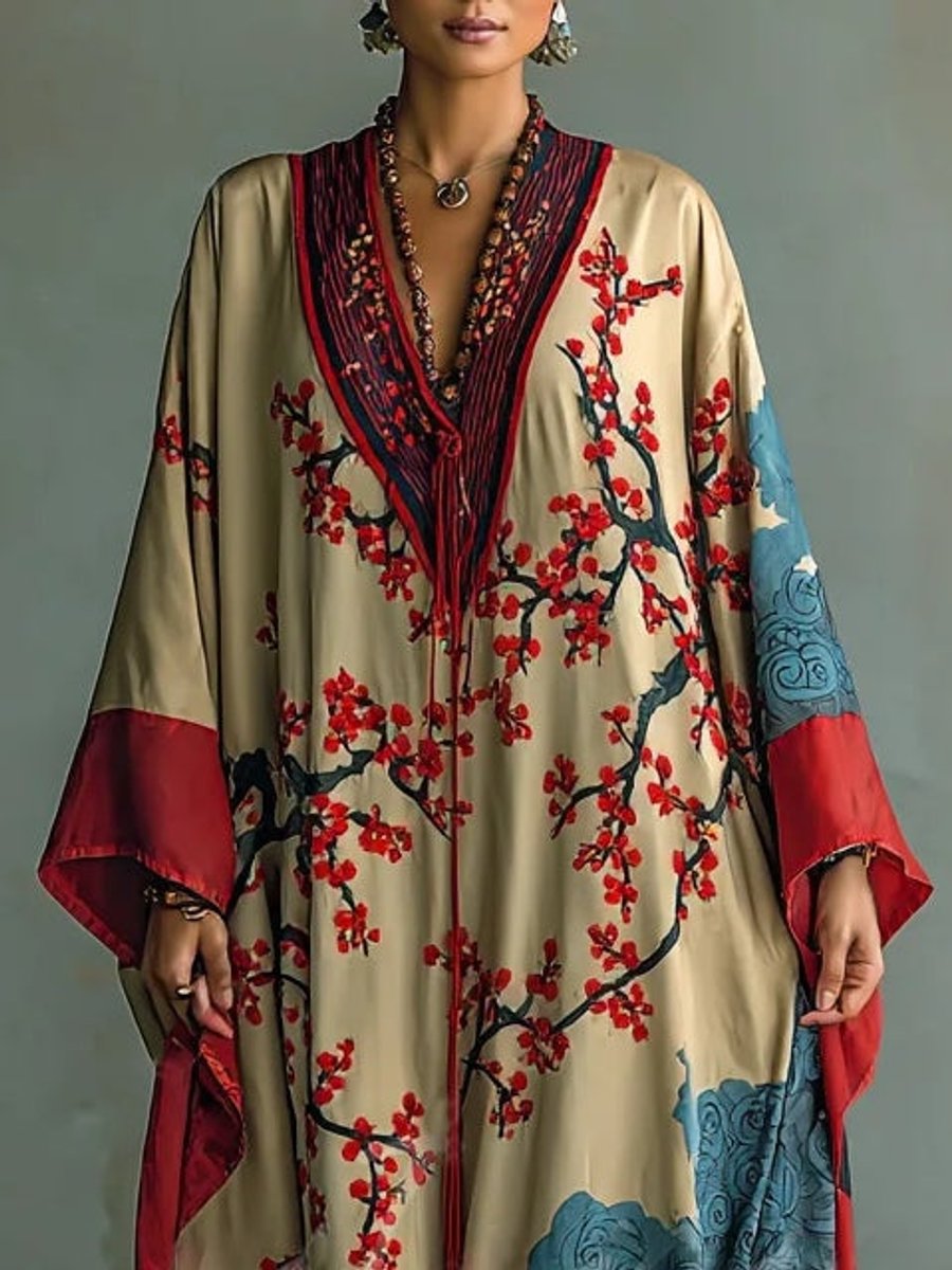 Dames Maxi Long Sleeve Dress Japanse Pruimenbloesem Kimono