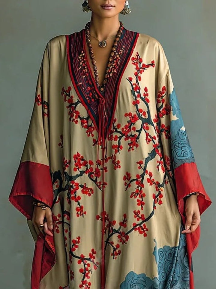 Dames Maxi Long Sleeve Dress Japanse Pruimenbloesem Kimono