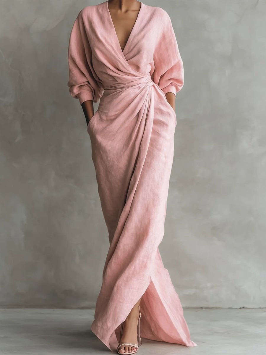 Dames Maxi Long Sleeve Dress met V-hals en Wikkelrok - Roze