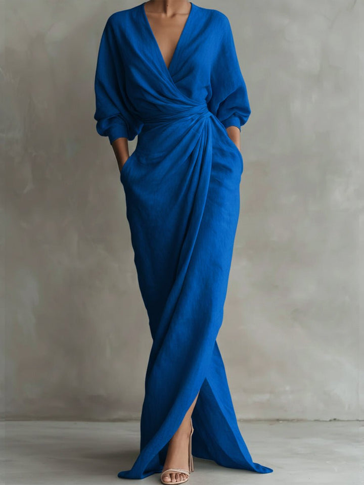 Dames Maxi Long Sleeve Dress met V-hals en Wikkelrok - Blauw