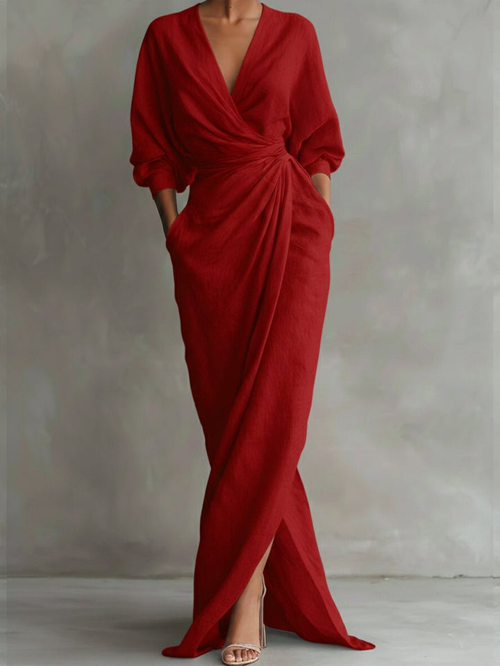 Dames Maxi Long Sleeve Dress met V-hals en Wikkelrok - Rood