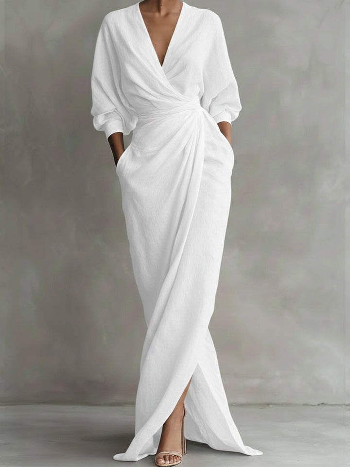 Dames Maxi Long Sleeve Dress met V-hals en Wikkelrok - Wit