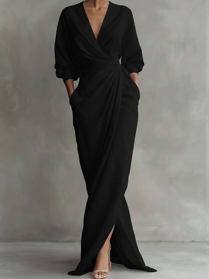 Dames Maxi Long Sleeve Dress met V-hals en Wikkelrok - Zwart