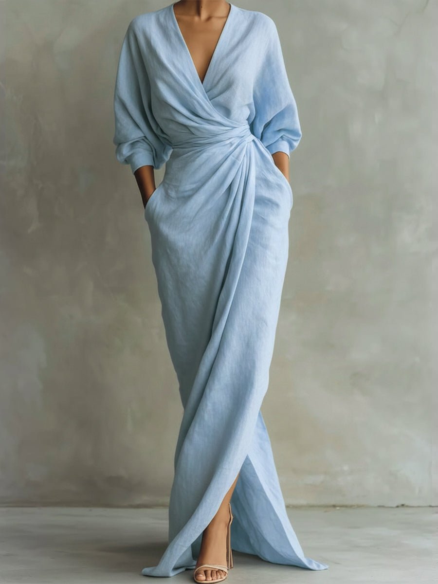 Dames Maxi Long Sleeve Dress met V-hals en Wikkelrok - Lichtblauw