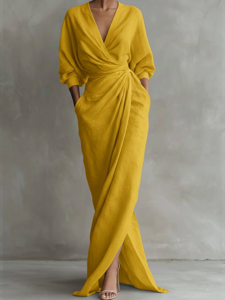 Dames Maxi Long Sleeve Dress met V-hals en Wikkelrok - Geel