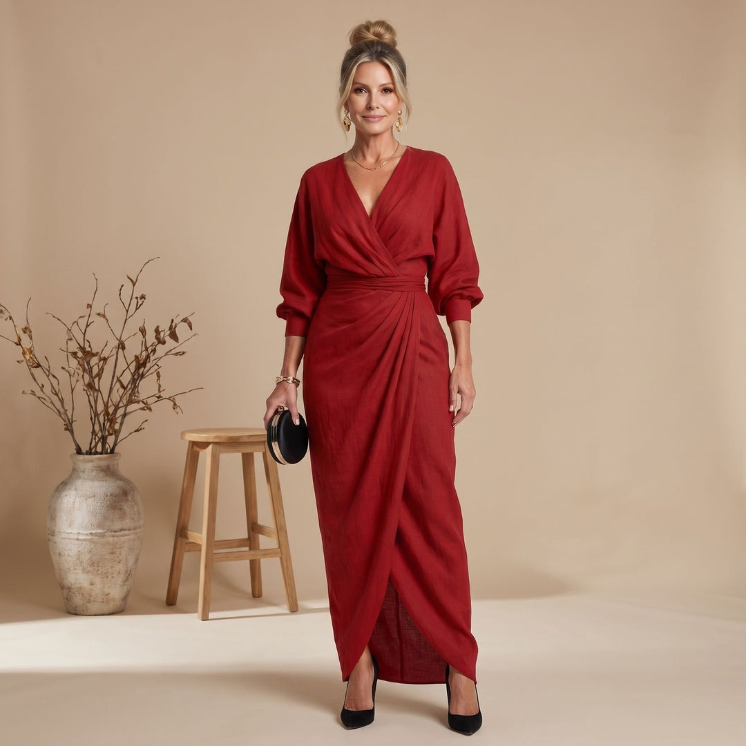 Dames Maxi Wikkel Jurk Lange Mouwen V-hals Overlappende Rok - Rood