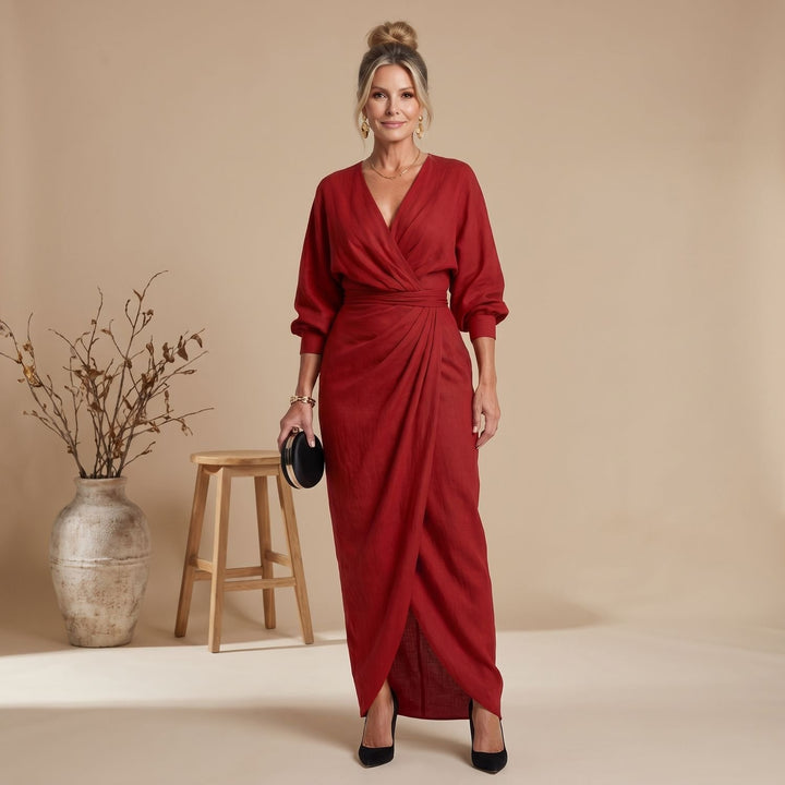 Dames Maxi Wikkel Jurk Lange Mouwen V-hals Overlappende Rok - Rood