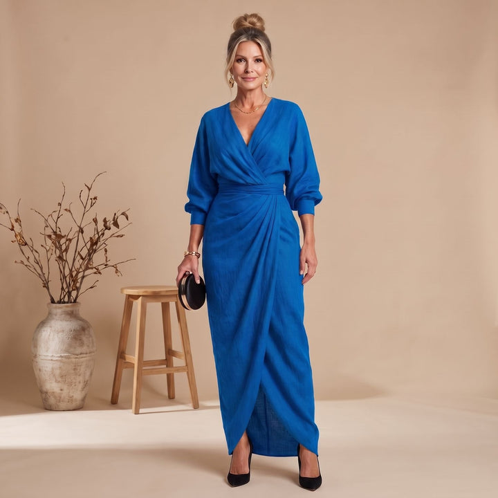 Dames Maxi Wikkel Jurk Lange Mouwen V-hals Overlappende Rok - Blauw