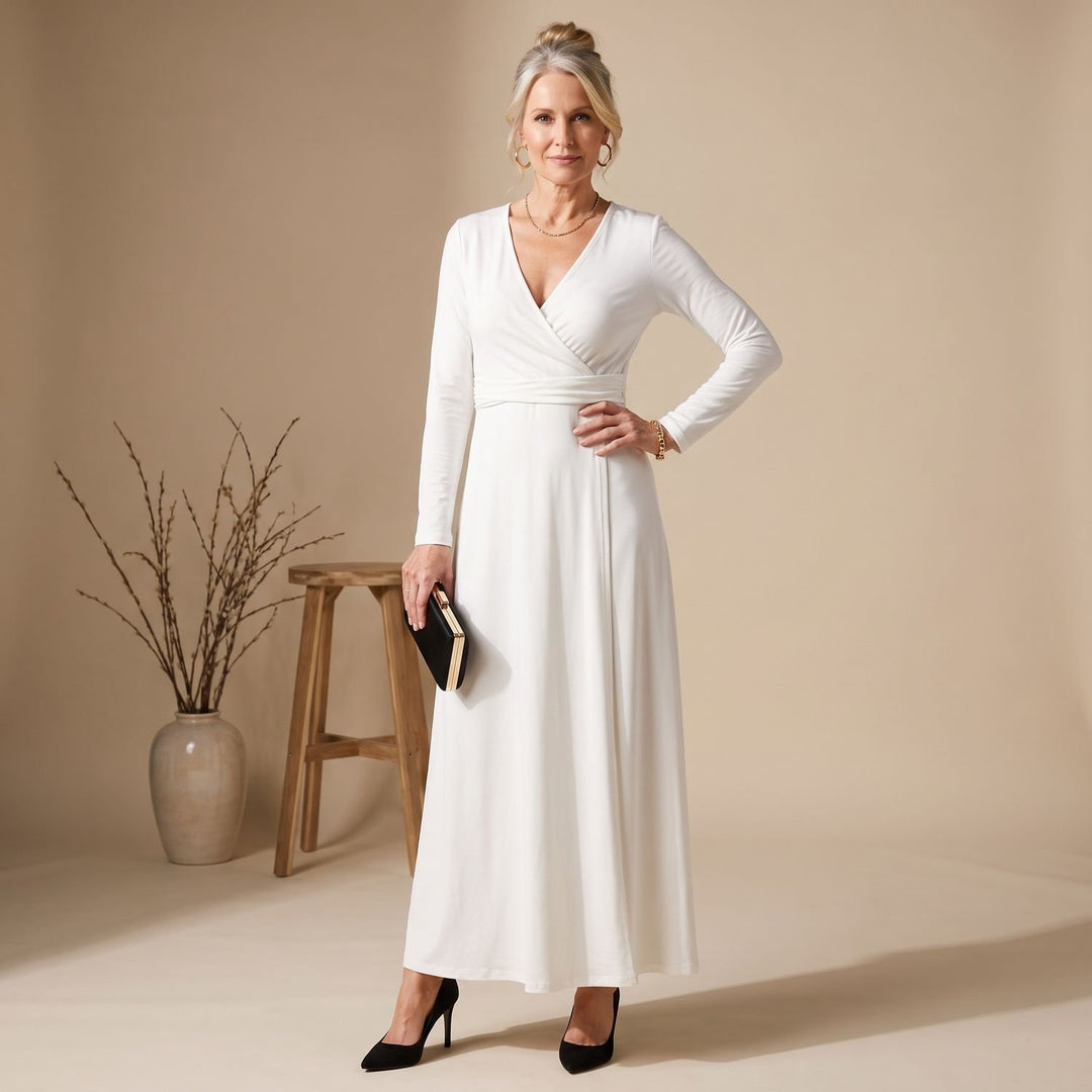 Dames Maxi Wikkel Jurk Lange Mouwen V-hals Overlappende Rok - Wit
