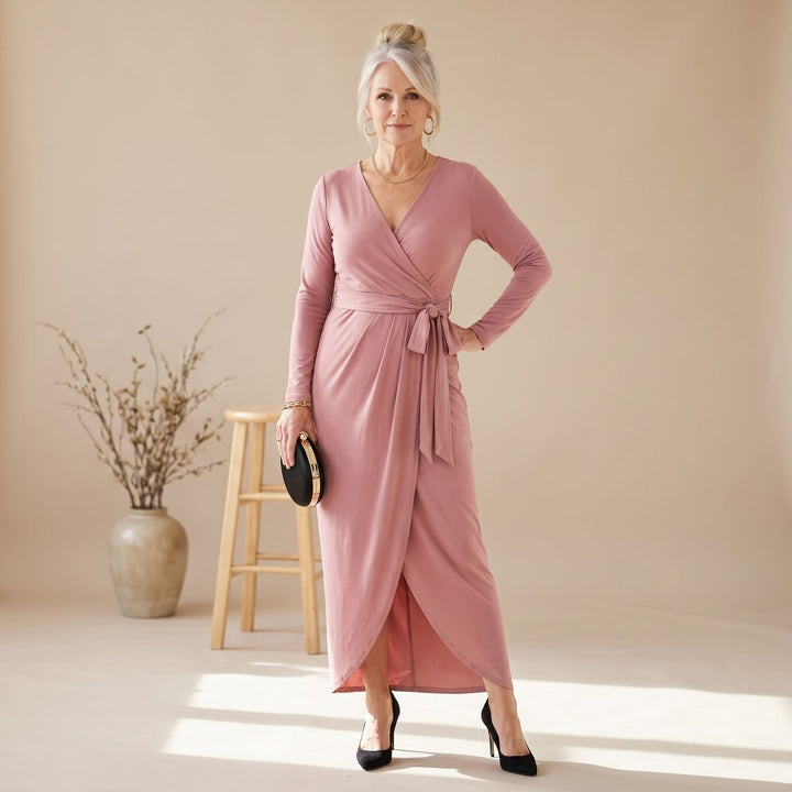 Dames Maxi Wikkel Jurk Lange Mouwen V-hals Overlappende Rok - Roze