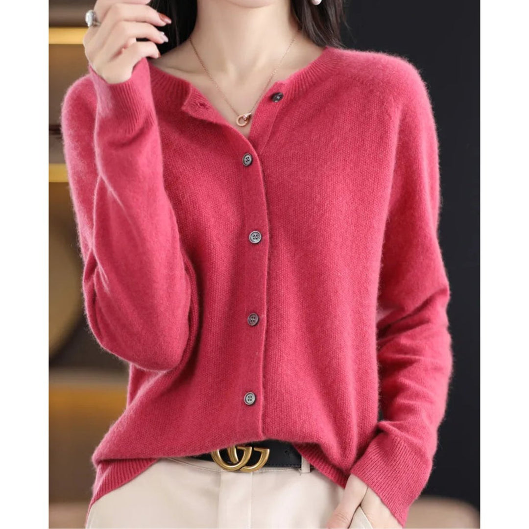 Dames Merino Wollen Oversized Cardigan O-Hals - Donkerroze