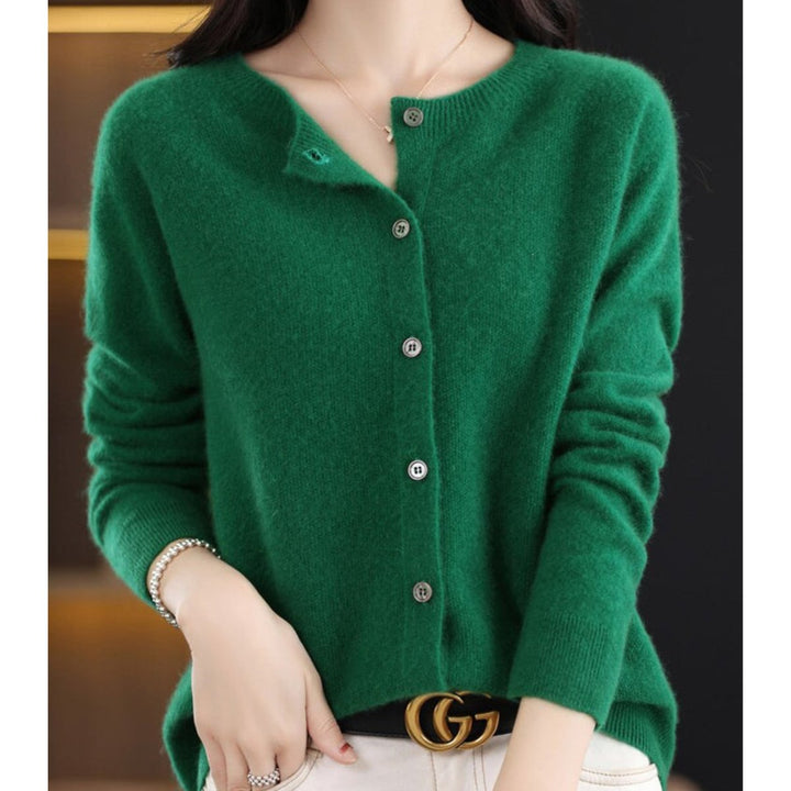 Dames Merino Wollen Oversized Cardigan O-Hals - Donkergroen