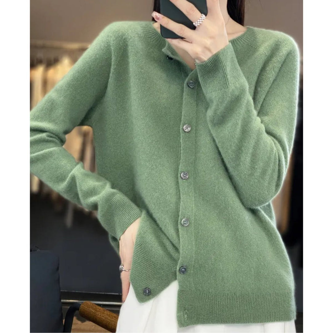 Dames Merino Wollen Oversized Cardigan O-Hals - Lichtgroen