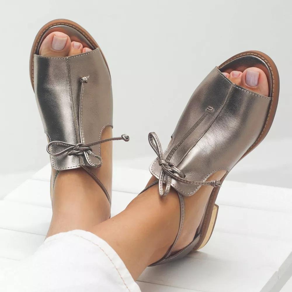 Dames Metallic Open-Teen Sandalen Strikbandje Plat - Silver