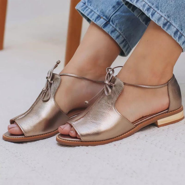 Dames Metallic Open-Teen Sandalen Strikbandje Plat - Gold